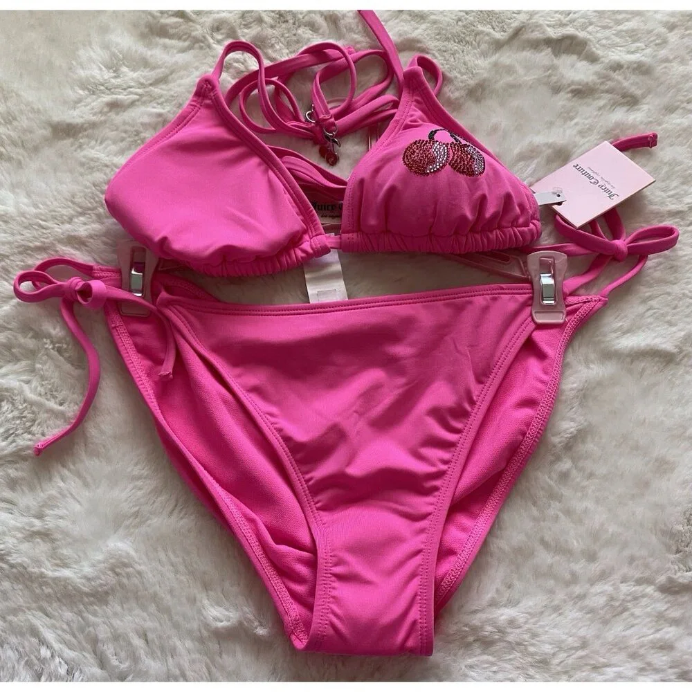 Juicy Couture Cherry‎ Rhinestone Bikini Set Ladies Women’s Sz M Pink Mage NEW